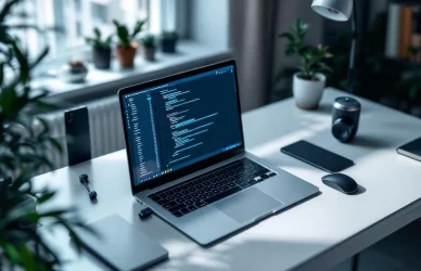 Moderne werkplek van bovenaf met laptop met code op scherm, tech accessoires en planten in thuiskantoor