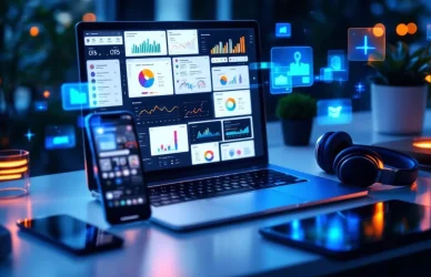 Moderne werkplek met laptop die analytics dashboards toont, smartphone, tablet en koptelefoon in professionele setting