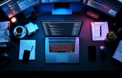 Bovenaanzicht van moderne werkplek met laptop met code, mechanisch toetsenbord, monitoren, programmeerboeken en koffie