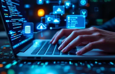 Handen typen op laptop toetsenbord met holografische code vensters en programmeer iconen zwevend in blauw-groen licht