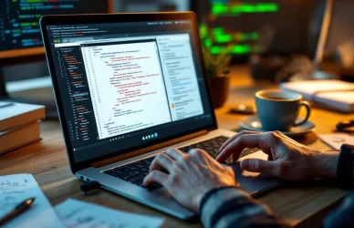 Handen typen op laptop toetsenbord met programmeercode en technische interview vragen op scherm, koffie en boeken op bureau