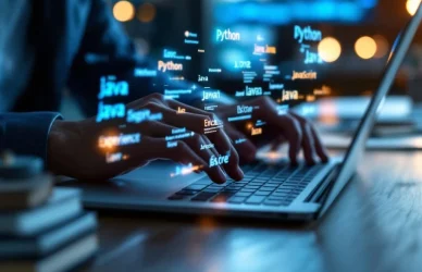 Handen typen op laptop met zwevende holografische code, gestapelde boeken en certificaten tonen programmeervaardigheden