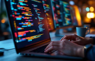 Handen typen code op laptop toetsenbord met kleurrijke programmeerinterfaces op schermen op de achtergrond