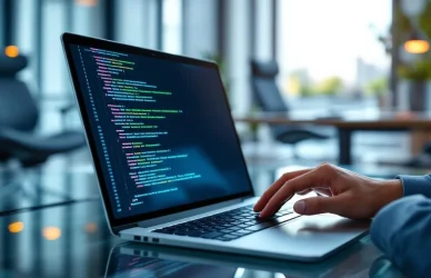 Handen typen op laptop toetsenbord met programmeercode op scherm in moderne kantooromgeving met glazen bureau