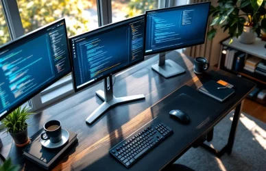 Moderne werkplek met meerdere computermonitors die code en vacaturesites tonen, mechanisch toetsenbord en programmeerboeken