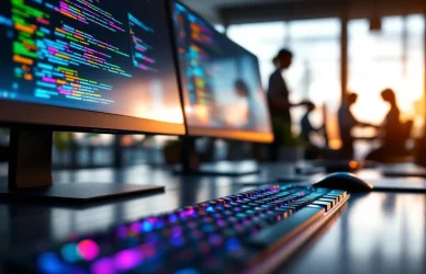 Moderne toetsenborden en monitoren met kleurrijke programmeercode in een professionele tech-werkruimte
