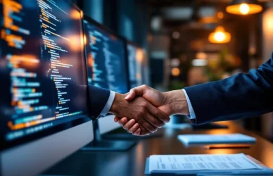 Handdruk tussen recruiter en software engineer in modern Amsterdam kantoor met code op monitors en wervingsdocumenten