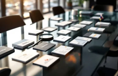 Vergelijkingsoverzicht van 15 visitekaartjes van Nederlandse recruitmentbureaus op glazen conferentietafel met vergrootglas