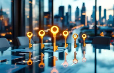 Zeven gouden sleutel iconen zweven boven glazen conferentietafel met Amsterdam zakenwijk en kanalen op achtergrond