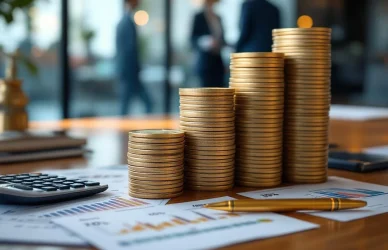 Stapels eurobiljetten in oplopende hoogte op houten bureau met rekenmachine, gouden pen en financiële documenten