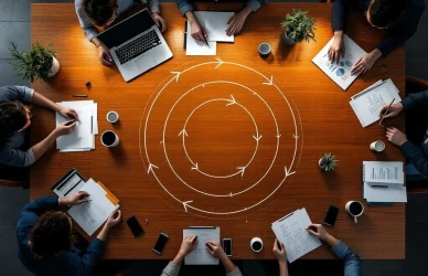 Houten vergadertafel met circulair diagram, laptops en recruitment documenten in professionele kantooromgeving