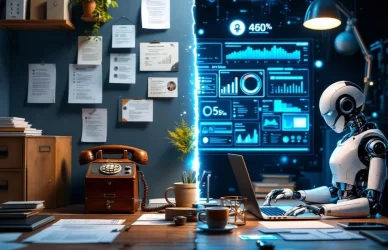 Split-screen vergelijking van traditionele werving met papieren cv's en vintage telefoon versus moderne AI-recruitment tools