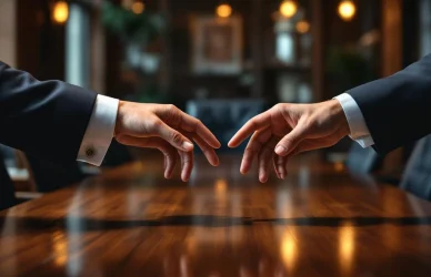 Twee professionele handen reiken naar elkaar over vergadertafel, symboliserend perfecte match werkgever-kandidaat