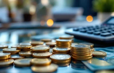 Euro munten en bankbiljetten op glazen bureau met calculator, professionele financiële werkplek met moderne kantooromgeving