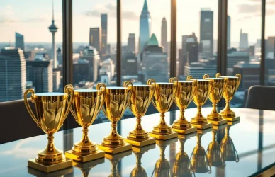 Tien gouden trofeeën op glazen vergadertafel met Amsterdam kantoorwijk en grachten op achtergrond, recruitment excellence