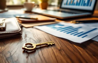 Gouden sleutel op houten bureau met laptop, grafieken en professionele documenten in moderne kantooromgeving