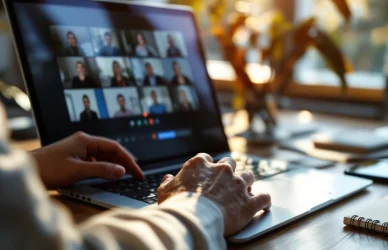 Professionele handen typen op laptop met videogesprek interface, moderne thuiswerkplek op achtergrond