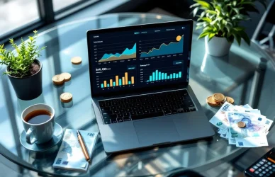 Laptop met financiële grafieken en salarigegevens op glazen bureau met eurobiljetten, calculator en pen