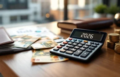 Rekenmachine toont "2026" op houten bureau met eurobiljetten en salarisgrafieken, kantooromgeving Amsterdam