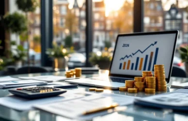 Moderne kantooromgeving met laptop die stijgende salarisgrafiek toont, calculator met "2026", en Amsterdamse grachten op achtergrond