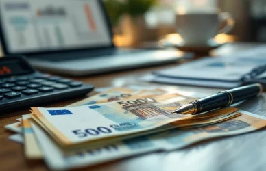 Euro bankbiljetten uitgespreid op houten bureau met rekenmachine, pen en laptop voor salaris onderhandeling