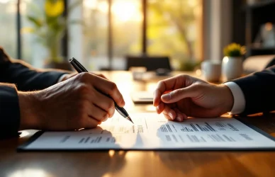 Twee professionele handen tijdens salarisonderhandeling aan houten vergadertafel met pen en documenten