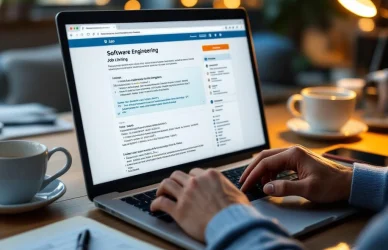 Handen typen op laptop toetsenbord met software engineering vacatures en code op scherm, koffie en notitieblok op bureau