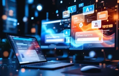 Moderne werkplek met meerdere monitoren die software engineering vacatures tonen, laptop en holografische code-iconen