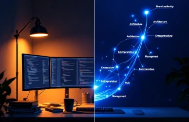 Software engineer werkplek met monitors en code die overgaat in netwerk van carrièrepaden en leiderschapsrollen