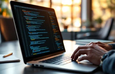 Handen typen code op laptop toetsenbord met sollicitatiegesprek opstelling en technische boeken op achtergrond