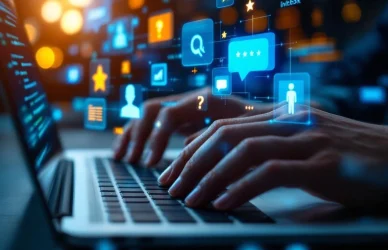 Handen typen op laptop toetsenbord met holografische feedback iconen voor software engineer sollicitatie proces