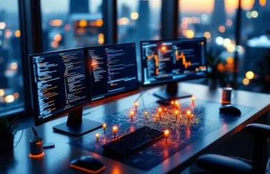 Luchtfoto van moderne werkplek met meerdere computerschermen met code naast stadskaart met verlichte tech-hub locaties