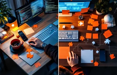 Werkplek software engineer van bovenaf: links technische monitors en toetsenbord, rechts samenwerkingssymbolen en puzzelstukjes