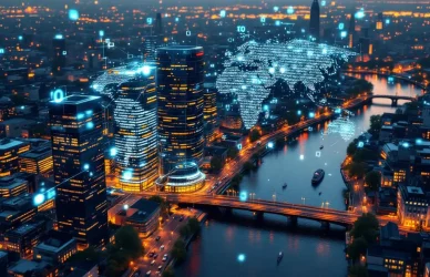 Luchtfoto van futuristische Amsterdam met kanalen, glazen kantoorgebouwen en zwevende holografische code bij zonsondergang