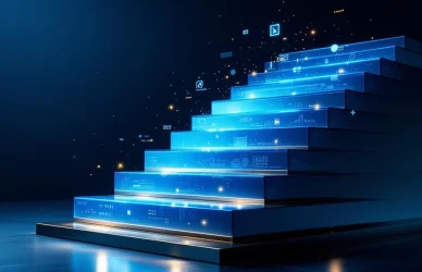 Getrapt piramide van staal en glas met blauwe verlichting, symboliseert software engineering carrièreniveaus