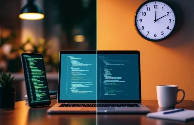 Laptop met code en klok verbonden door pad, symboliseert balans tussen technische expertise en flexibele werktijden