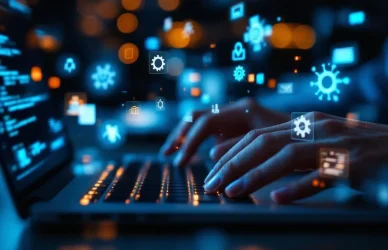 Handen typen op laptop toetsenbord omringd door zwevende holografische programmeer-iconen in moderne werkruimte