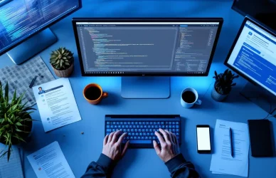 Softwareontwikkelaar typt code op toetsenbord met meerdere schermen, cv's en LinkedIn-meldingen op modern bureau