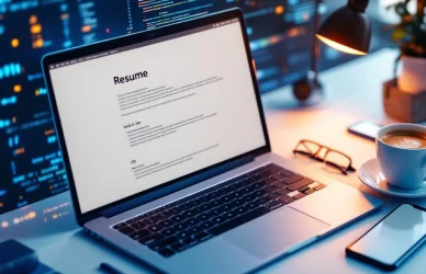 Laptop met code op scherm omringd door cv-document, koffiekop, bril en smartphone op professioneel bureau
