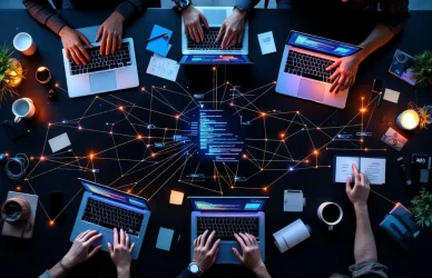 Bovenaanzicht van moderne tech werkruimte met laptops, code interfaces en handen die samenwerken aan softwareontwikkeling