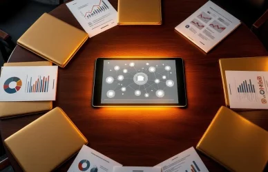 Luchtfoto van mahonie vergadertafel met gouden portfoliomappen rond tablet met netwerkdiagrammen en strategische documenten