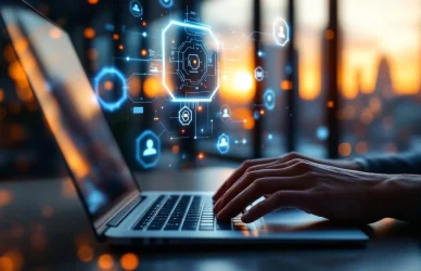 Handen typen op laptop met holografische tech-iconen en recruitmentdata in modern Amsterdam kantoor bij zonsondergang