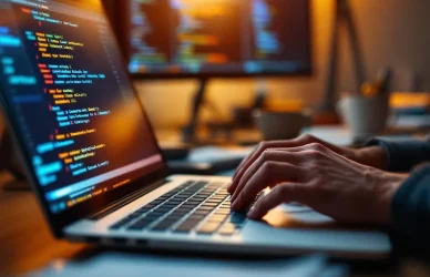 Handen typen op laptop toetsenbord met afwijzingsmails op monitors, cv-papieren en koffiekopjes op bureau