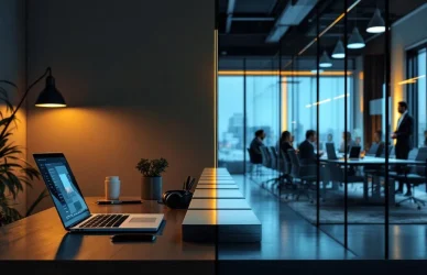 Moderne thuiswerkplek met laptop tegenover traditioneel kantoor, verbonden door symbolische brug voor werklocatiekeuze