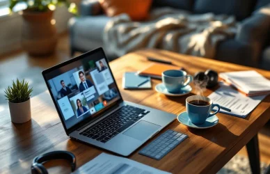 Luchtfoto van moderne thuiswerkplek met laptop, videogesprek, koptelefoon, koffie en cv-documenten op houten bureau
