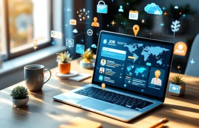 Laptop met vacaturezoekinterface op houten bureau met holografische remote work iconen en wereldkaart in modern kantoor