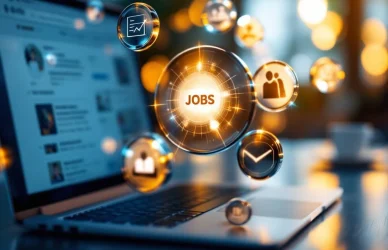 Zeven glanzende metalen vaardigheidspictogrammen zweven boven laptop met vacatures in modern kantoor met gouden verlichting